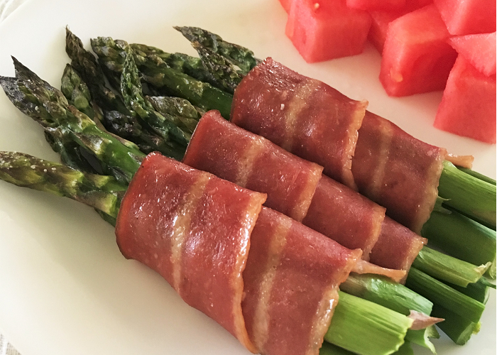 juicy, salty, turkey bacon wrapped asparagus